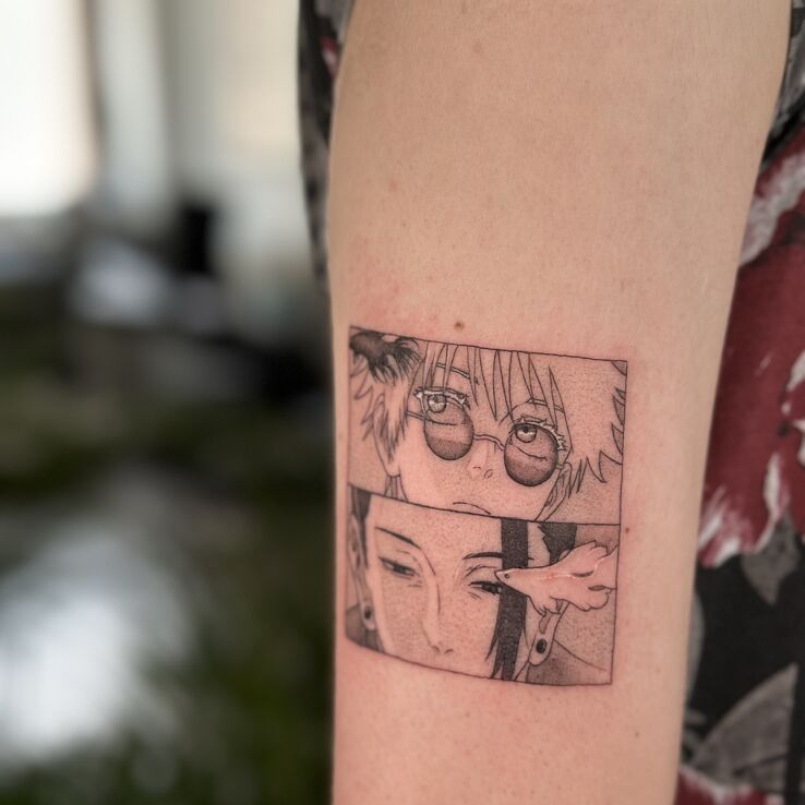 Tatuaż Oczy Satoru Gojo i Suguru Geto (Jujutsu Kaisen) kadry z mangi w motywie czarno-szare i stylu graficzne / ilustracyjne na ręce