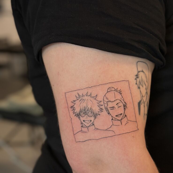 Tattoo Gojo and Geto (Jujutsu Kaisen) - "The Strongest Duo" in black and gray motif and contour / linework style On the arm