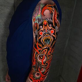 Tattoo Demonic Bat Immersed in Flames On the arm motif: fantasy style: newschool