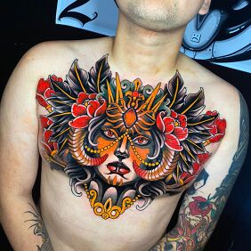 Tattoo Portrait of the Queen of Flowers on the chest motif: faces style: newschool