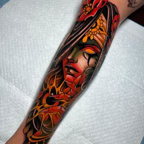 Tattoo Mystical Portrait of a Mysterious Woman On the arm motif: colorful style: newschool