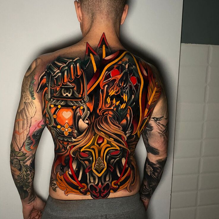 Tattoo Warrior with a Lantern in colorful motif and neo-traditional style on the shoulder blades