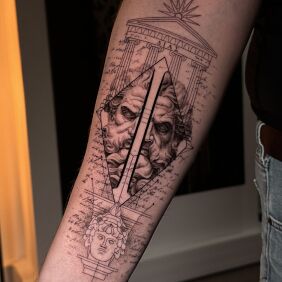Tattoo Classical Greek Portrait and Geometry on the forearm motif: black and gray style: graphic / illustrative