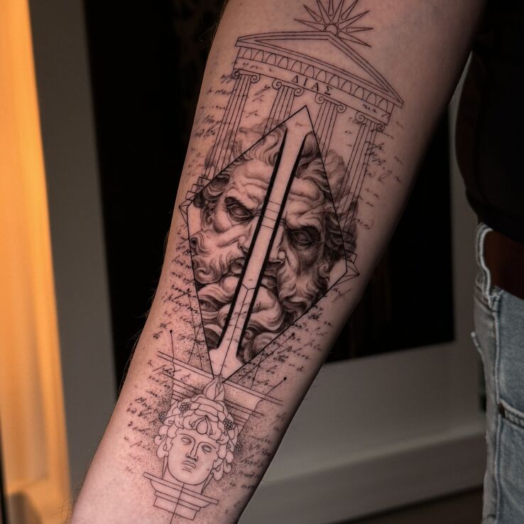 Tattoo Classical Greek Portrait and Geometry in faces motif and geometric style on the forearm