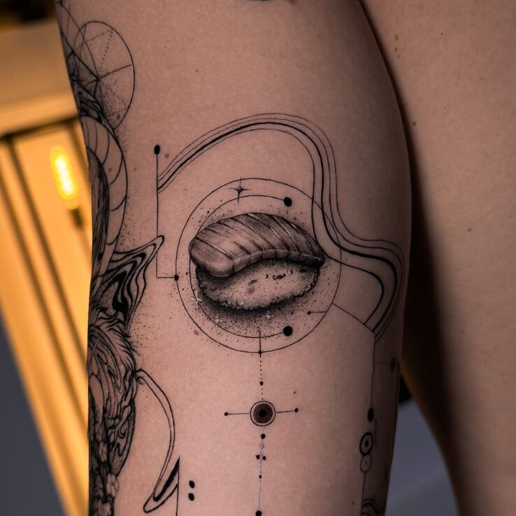 Tattoo Sushi with a Touch of Abstraction in graphic / illustrative style on the bicep