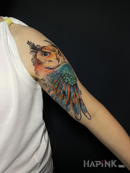 Tattoo Colorful Owl in colorful motif and graphic / illustrative style On the arm