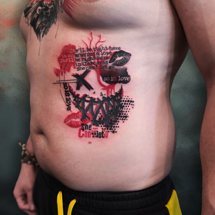 Tattoo 👉 Love That Can't Be Erased in lettering motif and abstract style on the ribs