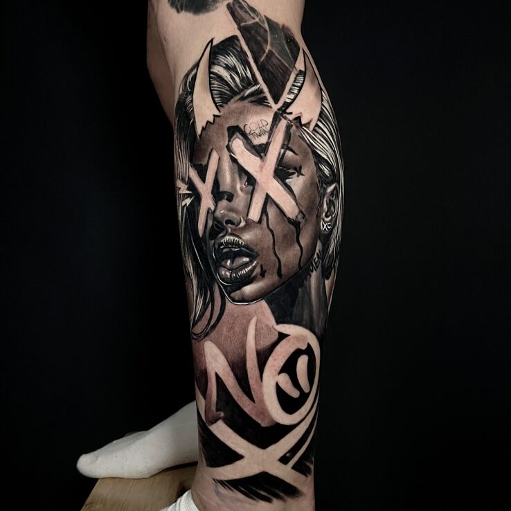 Tattoo Devil Woman in demons motif and graffiti style on the calf