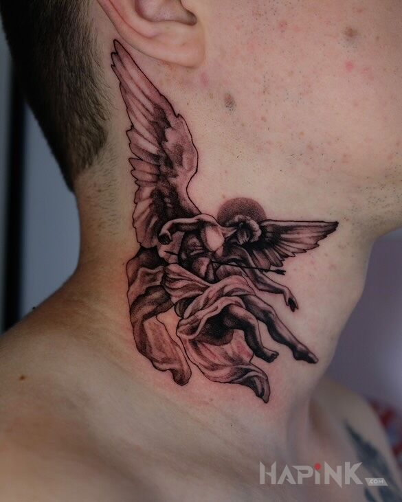 Tattoo Trouble in Paradise - Shot Angel in black and gray motif and graphic / illustrative style on the neck