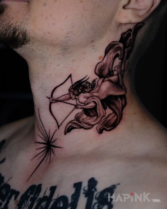 Tattoo Archer She-Devil in demons motif and graphic / illustrative style on the neck