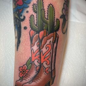 Tattoo Cowboy boots with cacti on the leg motif: objects style: oldschool