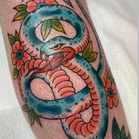 Tattoo Snake & Flowers On the arm motif: colorful style: oldschool