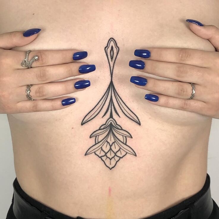 Tattoo Sternum tattoo with floral linework in flowers motif and minimalistic style between the breasts