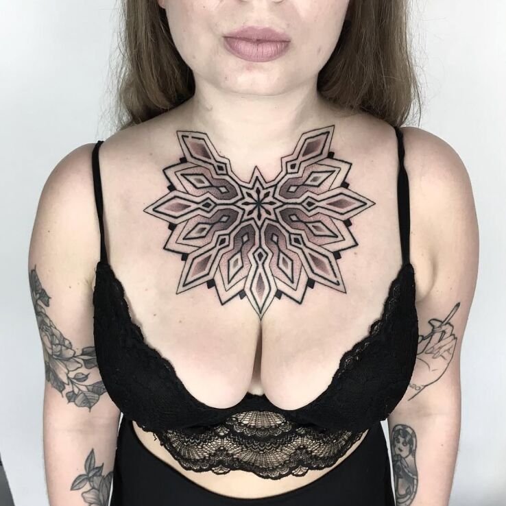 Tattoo Elaborate chest mandala in mandalas motif and dotwork style on the breast
