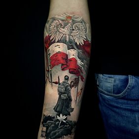 Tattoo Polish soldier standing under the Polish flag on the forearm motif: characters style: realistic