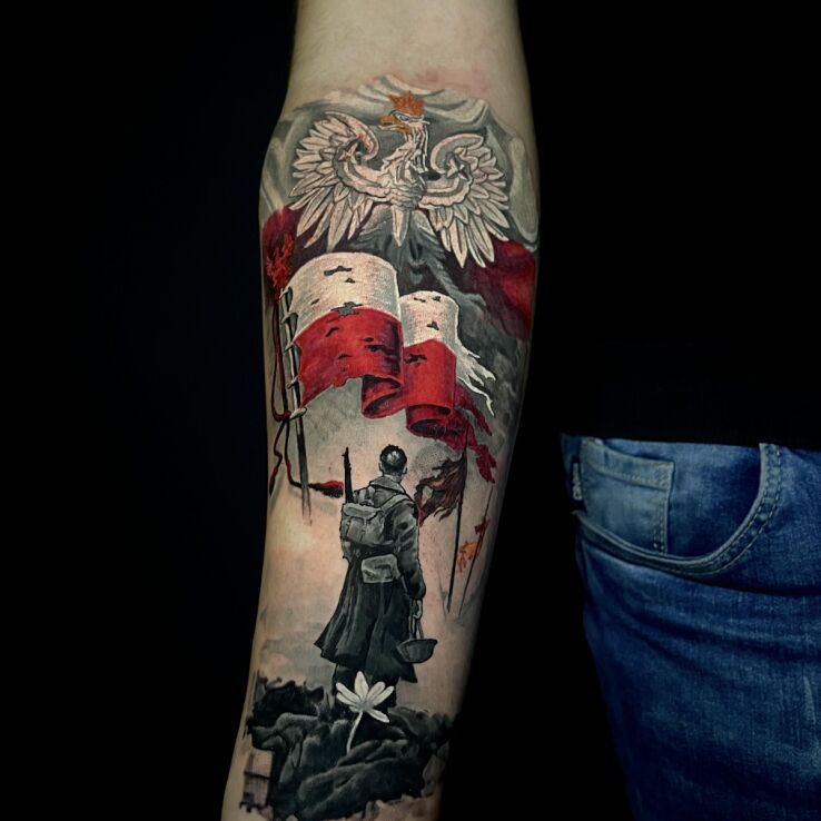 Tattoo Polish soldier standing under the Polish flag in colorful motif and realistic style On the arm