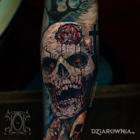 Tatuaż Brain eater zombie tattoo na piszczeli motyw: mroczne styl: realistyczne