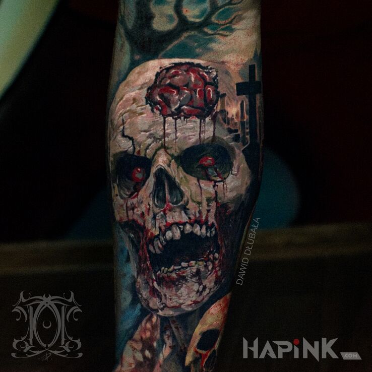 Tattoo Brain eater zombie tattoo in characters motif and realistic style on the tibia