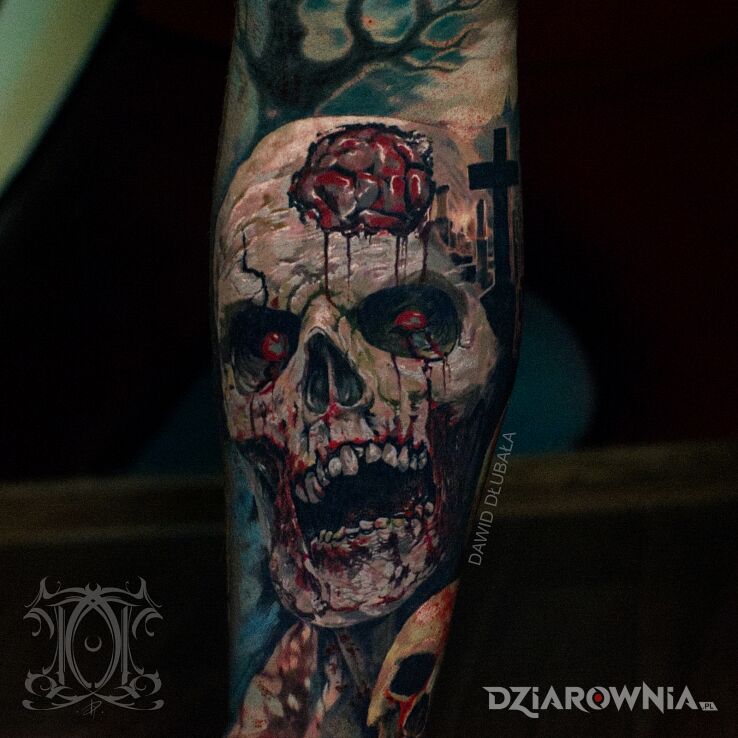 Tatuaż Brain eater zombie tattoo w motywie twarze i stylu realistyczne na piszczeli