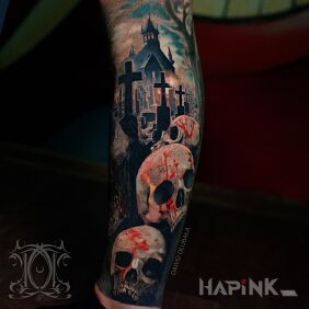 Tattoo Brain eater zombie on the leg motif: dark style: realistic