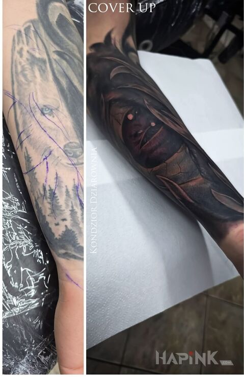 Tattoo Cover in demons motif and realistic style On the arm