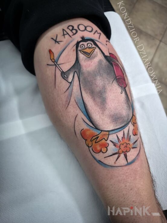 Tattoo For fun 🙂 in funny motif and cartoon / comic book style on the calf