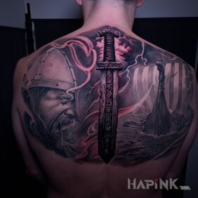 Tattoo Connected Motifs on the back motif: black and gray style: realistic