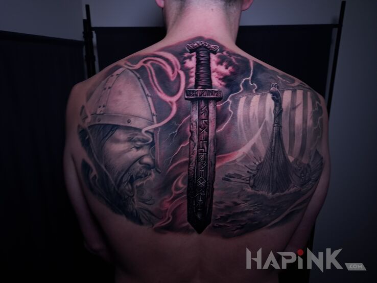 Tattoo Connected Motifs in faces motif and realistic style on the shoulder blades