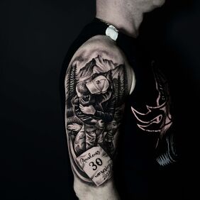 Tattoo Family father and son against the mountains On the arm motif: characters style: realistic
