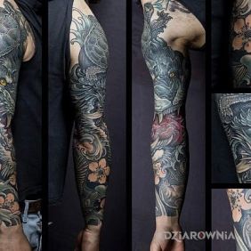 Tatuaż Smok w kwiatach na przedramieniu motyw: rękawy styl: japońskie / irezumi