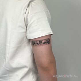 Tatuaż Realistic wolf eyes tattooed as a subtle arm band. na ramieniu motyw: zwierzęta styl: graficzne / ilustracyjne