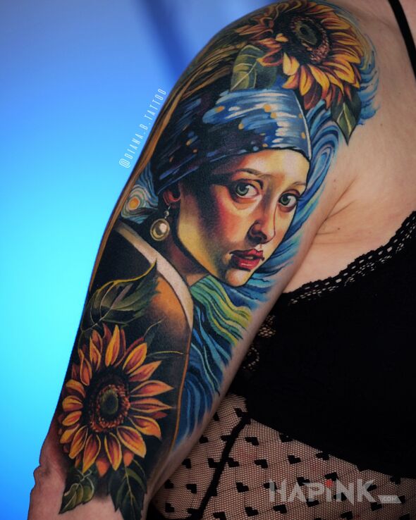 Tattoo Composition inspired by Vermeer in faces motif and Watercolor style on the upper arm