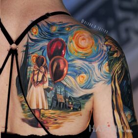 Tattoo Girl with Balloons I Van Gogh on the back motif: fantasy style: Watercolor