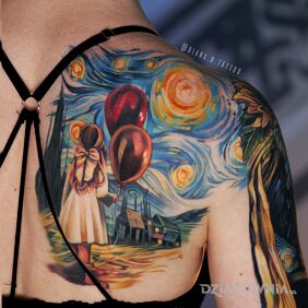 Tatuaż Dziewczynka z balonami I Van Gogh na łopatkach motyw: fantasy styl: watercolor