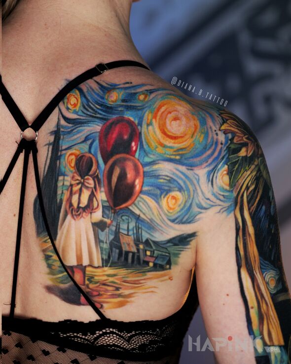 Tattoo Girl with Balloons I Van Gogh in objects motif and graphic / illustrative style on the back