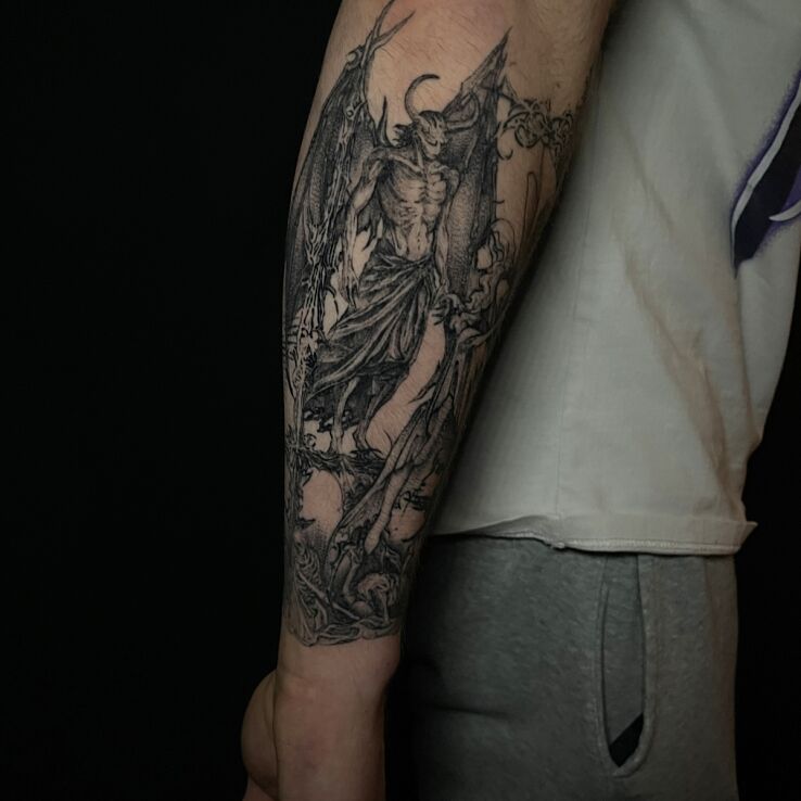 Tattoo Devil with Skeletons in characters motif and graphic / illustrative style on the forearm