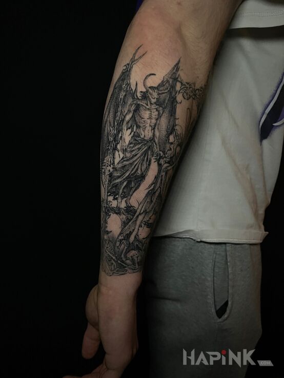 Tattoo Devil with Skeletons in characters motif and graphic / illustrative style On the arm