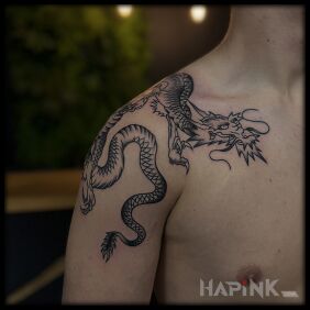 Tattoo Oldschool dragon on the shoulder motif: dragons style: oldschool