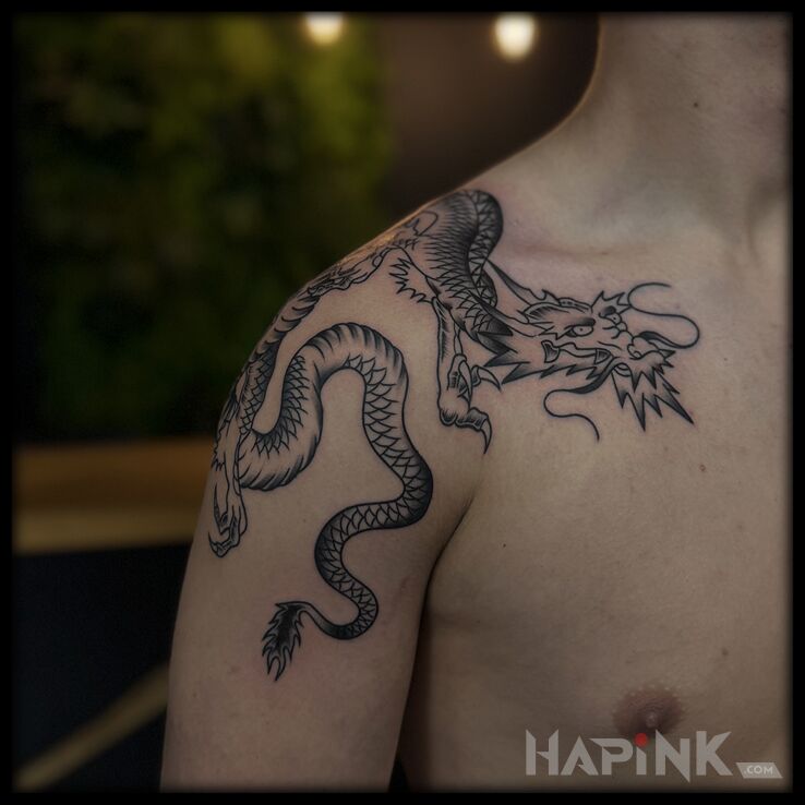 Tattoo Oldschool dragon in black and gray motif and oldschool style on the shoulder