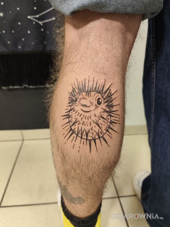 Tatuaż Rybka w motywie czarno-szare i stylu graficzne / ilustracyjne na nodze