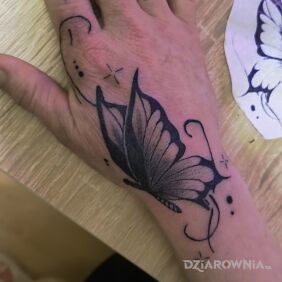 Tatuaż Motyl na dłoni na dłoni motyw: czarno-szare styl: graficzne / ilustracyjne