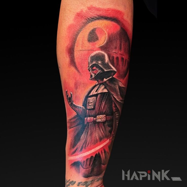Tattoo Darth Vader in colorful motif and realistic style on the forearm