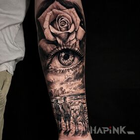 Tattoo Family Composition on the forearm motif: black and gray style: realistic