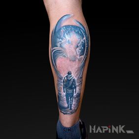 Tattoo SciFi on the leg motif: colorful style: realistic