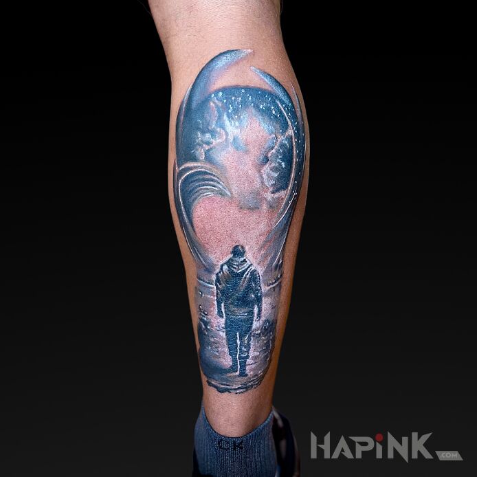 Tattoo SciFi in characters motif and realistic style on the calf