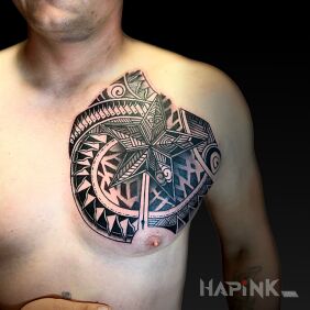Tattoo Polynesia on the chest on the chest motif: black and gray style: Polynesian