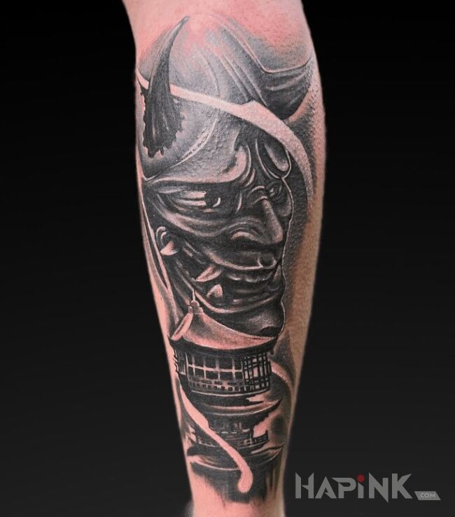 Tattoo Hannya in faces motif and japanese / irezumi style on the leg