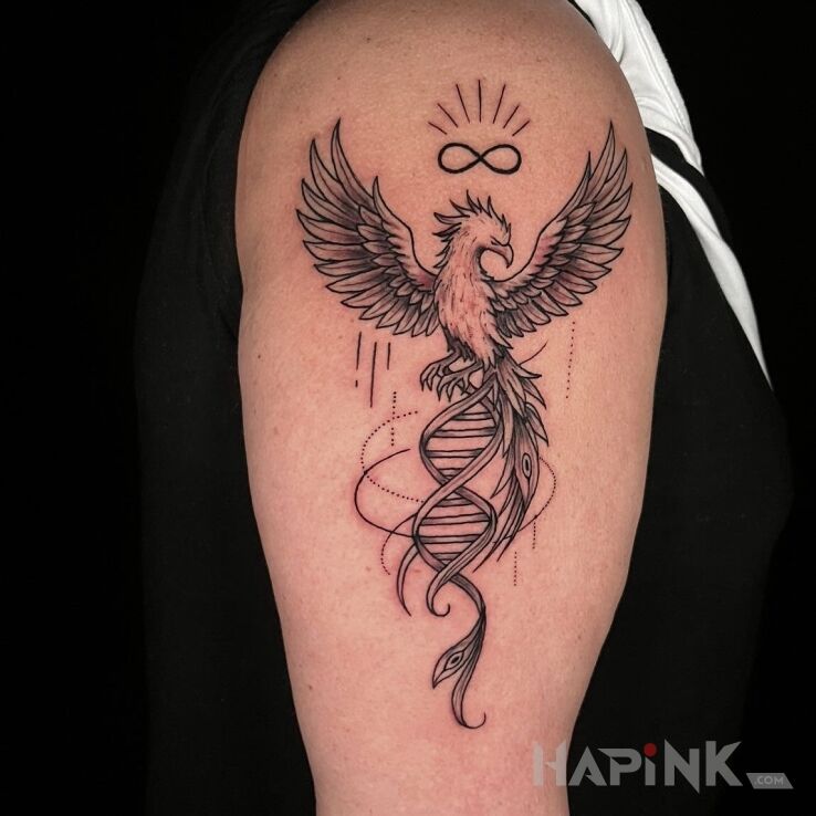 Tattoo Graphic Phoenix in animals motif and graphic / illustrative style on the upper arm