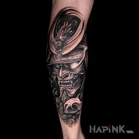 Tattoo Demon samurai on the leg motif: fantasy style: realistic