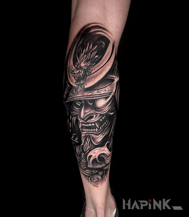 Tattoo Demon samurai in characters motif and realistic style on the leg